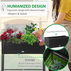 Rattan Raised Garden Boxes, Elevated Flower Beds with Storage Shelf for Herbs, Flowers, Vegetables, Brown