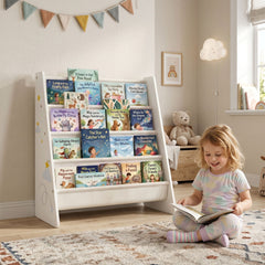 Fabric Kids Bookshelf, 4-Tier Toddler Sling Book Rack for Playroom, Bedroom, Nursery and Kids Room for Ages 3-6, White