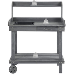 36" Wooden Potting Bench Work Table with 2 Removable Wheels, Sink, Drawer & Large Storage Spaces, Gray