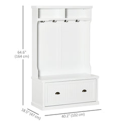 64.5" H Hall Tree with Storage Drawer & Top Shelf, Coat Rack Wooden Entryway Storage Bench Hall Tree Hallway Clothes Bag Coat Rack 4 Hooks, White