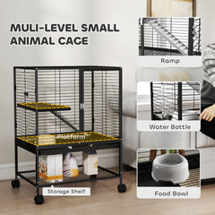 Rolling Small Animal Cage 34"H Chinchilla Cage for Ferrets, Squirrels w/ Removable Tray, Storage Shelf, Black