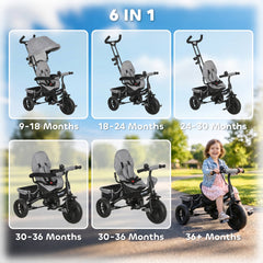 6 in 1 Toddler Tricycle Stroller with Basket, Canopy, 5-point Safety Harness, for 12-60 Months, Grey