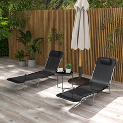 Folding Outdoor Lounge Chair Set of 2, Reclining Tanning Chair with 5-Position Adjustable Backrest, Black