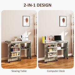 Sewing Machine Cabinet, Folding Sewing Table with Storage Shelf, Bins and Lockable Wheels for Small Space, Brown