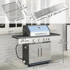 4+1 Burner Liquid Propane Gas Grill Outdoor Portable BBQ with Side Burner, Warming Rack, Side Shelf, Storage Cabinet, Thermometer, 4 Wheels, Tank Holder, Silver
