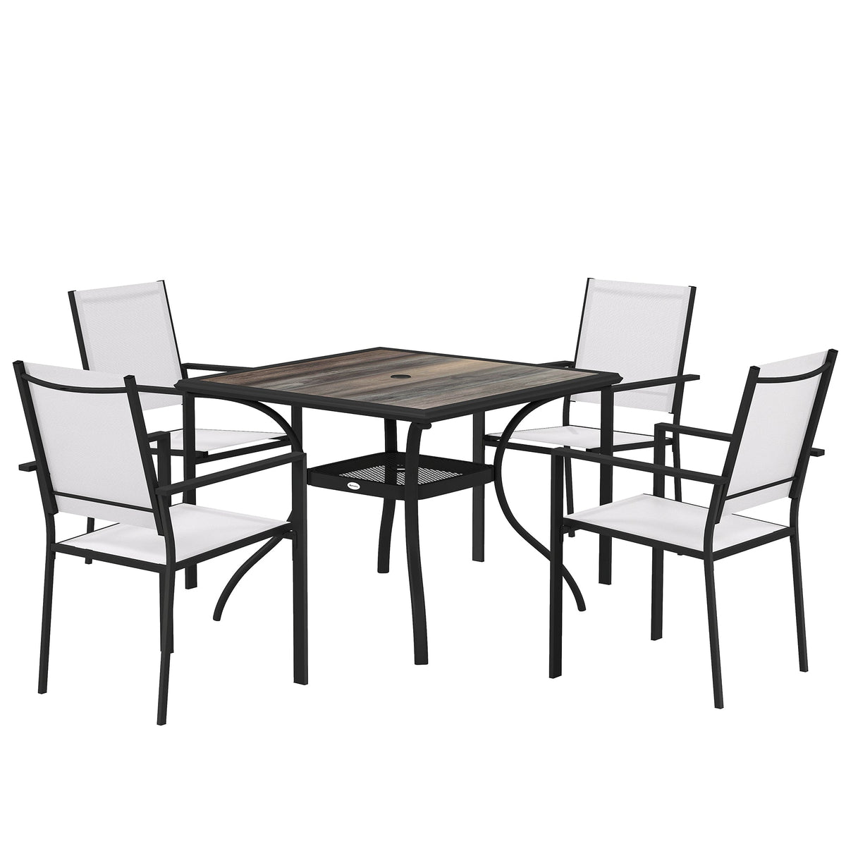 5 Piece Outdoor Patio Dining Set, Dining Table and 4 Stackable Chairs with Umbrella Hole, Shelf