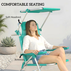 2 Piece Folding Beach Chairs with Adjustable Canopy, 6-Position Reclining Lounge Chair with Headrest, Turquoise