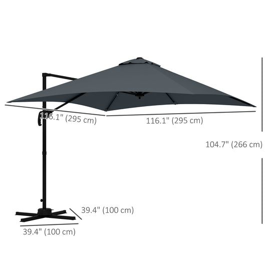 10x10ft Cantilever Umbrella Rotatable Square Market Parasol, 4 Adjustable Angle for Outdoor Backyard Patio Dark Grey