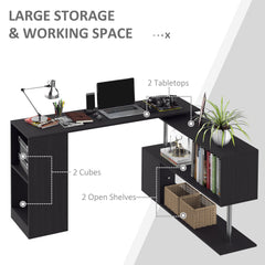 55" Corner Computer Desk, 360° Rotating L-Shaped Desk, Home Office Workstation with 3-Tier Shelves, Bookshelf, Black