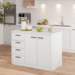 Kitchen Island with Storage Cabinet, 4 Drawers and Adjustable Shelf for Dining Room, Faux Marble Effect and White