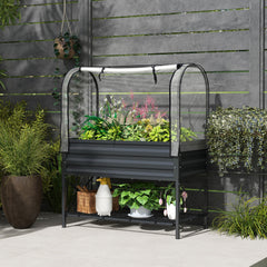 Raised Garden Bed with Cover, Metal Elevated Planter Box with Bottom Shelf and Liner, Black