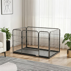4 Panels Dog Playpen, Heavy Duty Dog Fence, 28" H Portable Pet Playpen with Door Double Locking Latches, Tray, Grey