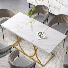 59-Inch Dining Table for 6, Modern Marble-Pattern Kitchen Dinner Table with Metal Pedestal for Home, Dining Room, White