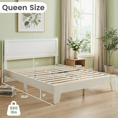 Queen Wood Platform Bed with Mid Century Headboard and 6 Inch Clearance, White