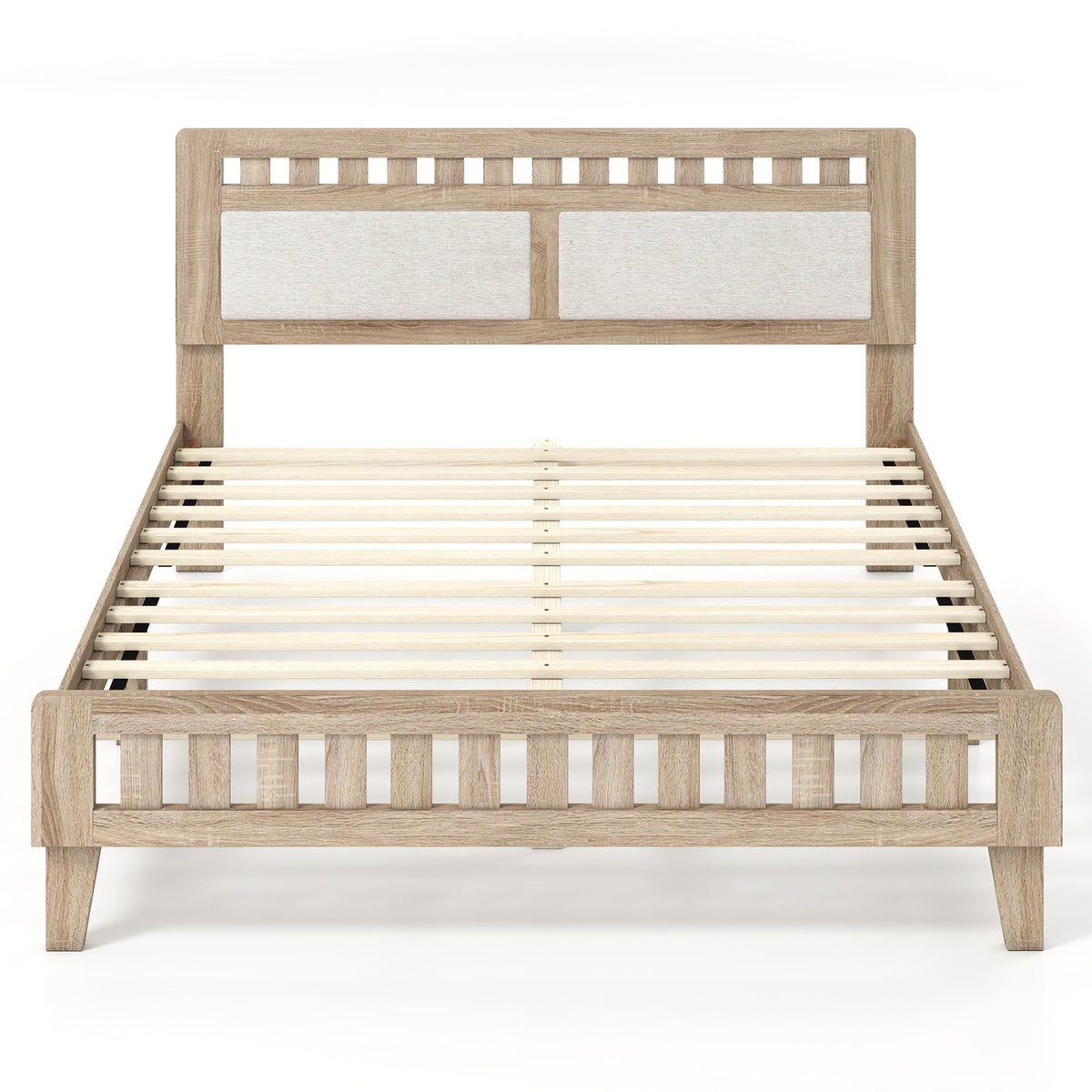 Queen Wood Platform Bed with Upholstered Headboard Panels and 17.5 Inch Footboard