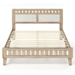 Queen Wood Platform Bed with Upholstered Headboard Panels and 17.5 Inch Footboard