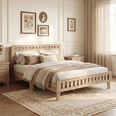 Queen Wood Platform Bed with Upholstered Headboard Panels and 17.5 Inch Footboard
