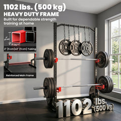 Power Cage Squat Rack, 1100LB Heavy-Duty Power Rack with Pull-Up Bar, Adjustable J-Hooks, Plates and Barbell Storage