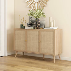 Kitchen Sideboard Cabinet, Boho Storage Cabinet with Shelves, Wood Legs, Decorative Rattan Doors, Black