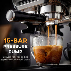 15 Bar Coffee Maker Espresso Machine with Grinder Milk Frother Stainless Steel Espresso Maker for Cappuccino Latte Black