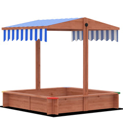 Kids Wooden Sandbox with Cover, Play Sand Station for Children Outdoor Sand box, with Seats, for Backyard, Beach, 47" x 47" x 47", Natural