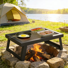Folding Campfire Grill, 22" x 12" Heavy Duty Carbon Steel Grill Grate with Folding Legs, Black