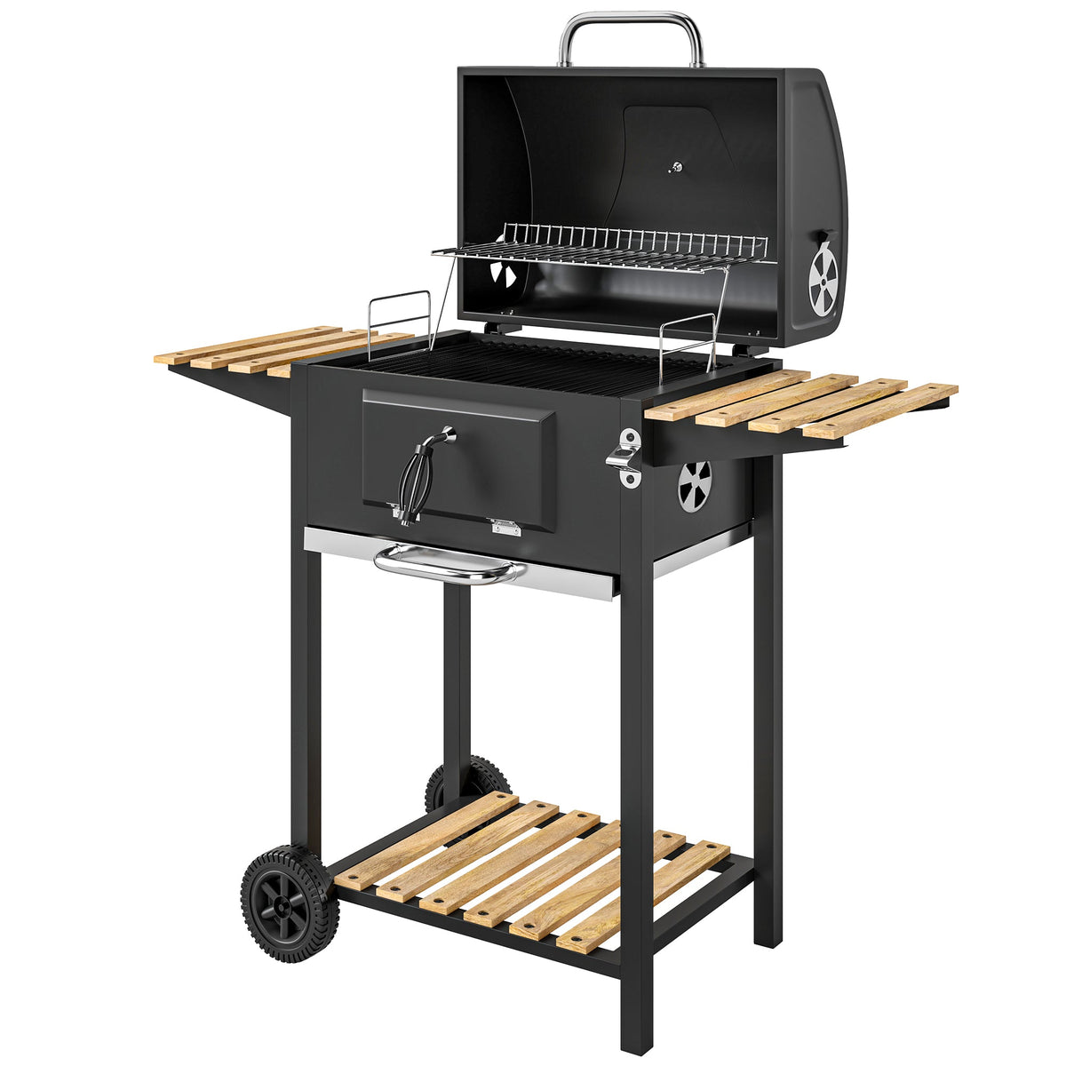 20" Charcoal BBQ Grill Barbecue on Wheels with Adjustable Charcoal Pan, Spacious Cooking Area, 3 Shelves, Thermometer