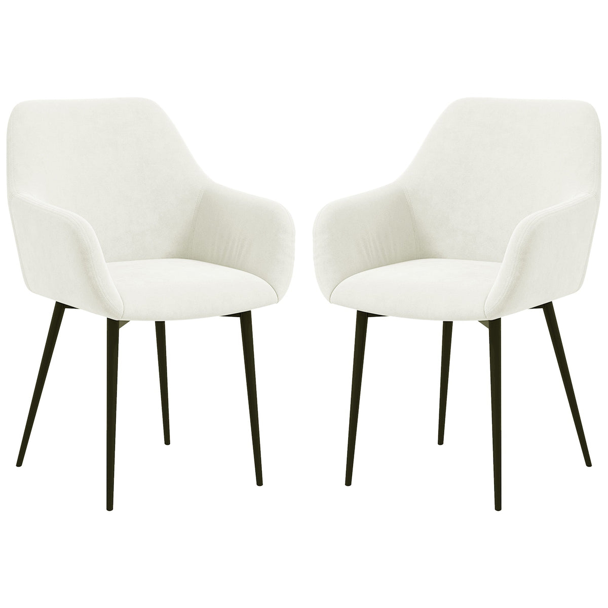 Dining Chairs Set of 2, Velvet-look Fabric Upholstered Kitchen Chairs with Backrest, Armrests and Steel Legs, Cream White