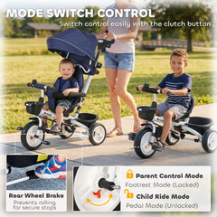 6 in 1 Toddler Tricycle with Parent Push Handle, Canopy, Storage Baskets, Cupholder, Dark Blue