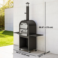 Outdoor Wood Fired Pizza Oven with Side Shelves and Open Cabinet, Pizza Maker on Wheels with Thermometer, Stone, Peel