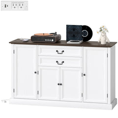 Farmhouse Sideboard with Charging Station and Thickened Top, 58" Buffet Cabinet with 2 Soft-Close Drawers, Black