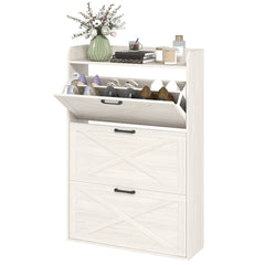 Narrow Shoe Storage Cabinet Farmhouse Shoe Cabinet with 3 Flip Drawers Adjustable Shelves for Entryway White Oak