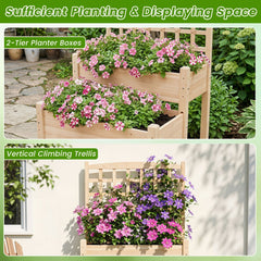 Raised Garden Bed with Trellis 2-Tier for Outdoor Climbing Plants-Natural