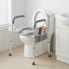 Raised Toilet Seat with Handles and Padded Arms for Seniors-Silver