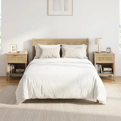Rattan Nightstand with Charging Station and Storage Shelf for Bedroom-Oak