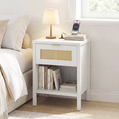 Rattan Nightstand with Charging Station and Storage Shelf for Bedroom-White