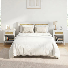 Rattan Nightstand with Charging Station and Storage Shelf for Bedroom-White