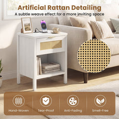 Rattan Nightstand with Charging Station and Storage Shelf for Bedroom-White