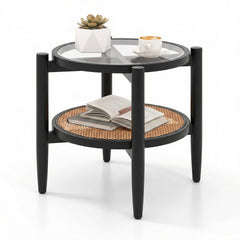 Rattan Round Side End Table with Tempered Glass Tabletop-Black