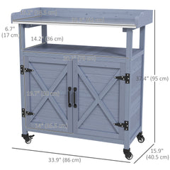 Outdoor Wooden Potting Bench with Storage Cabinet, Aluminum Tabletop, Rubber Wheels for Backyard, Patio, Balcony, Grey