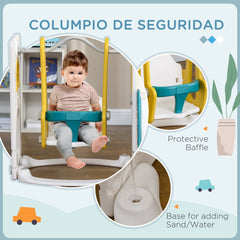 6-in-1 Slide and Swing Set Baby Swing Playset Indoor with Basketball Hoop, Climber, Storage Space, Telescope, Grey