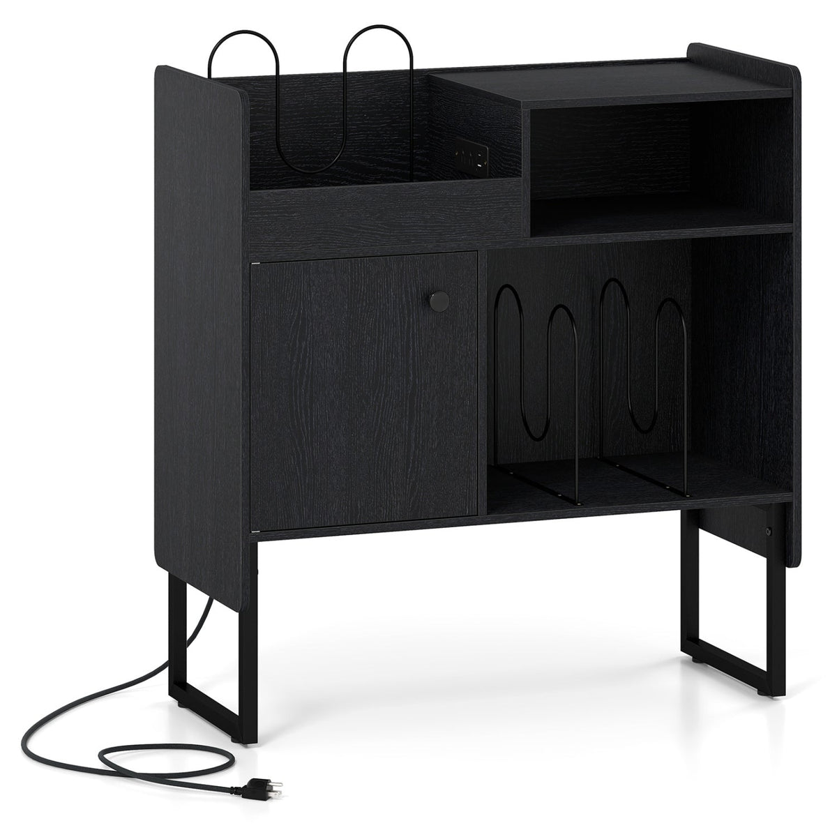 Record Player Stand with Power Outlets and Vinyl Storage Holder up to 250 Albums-Black