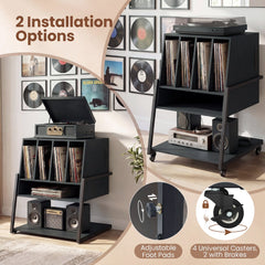 Record Player Stand on Wheels Rolling Turntable Stand with Power Outlets-Black