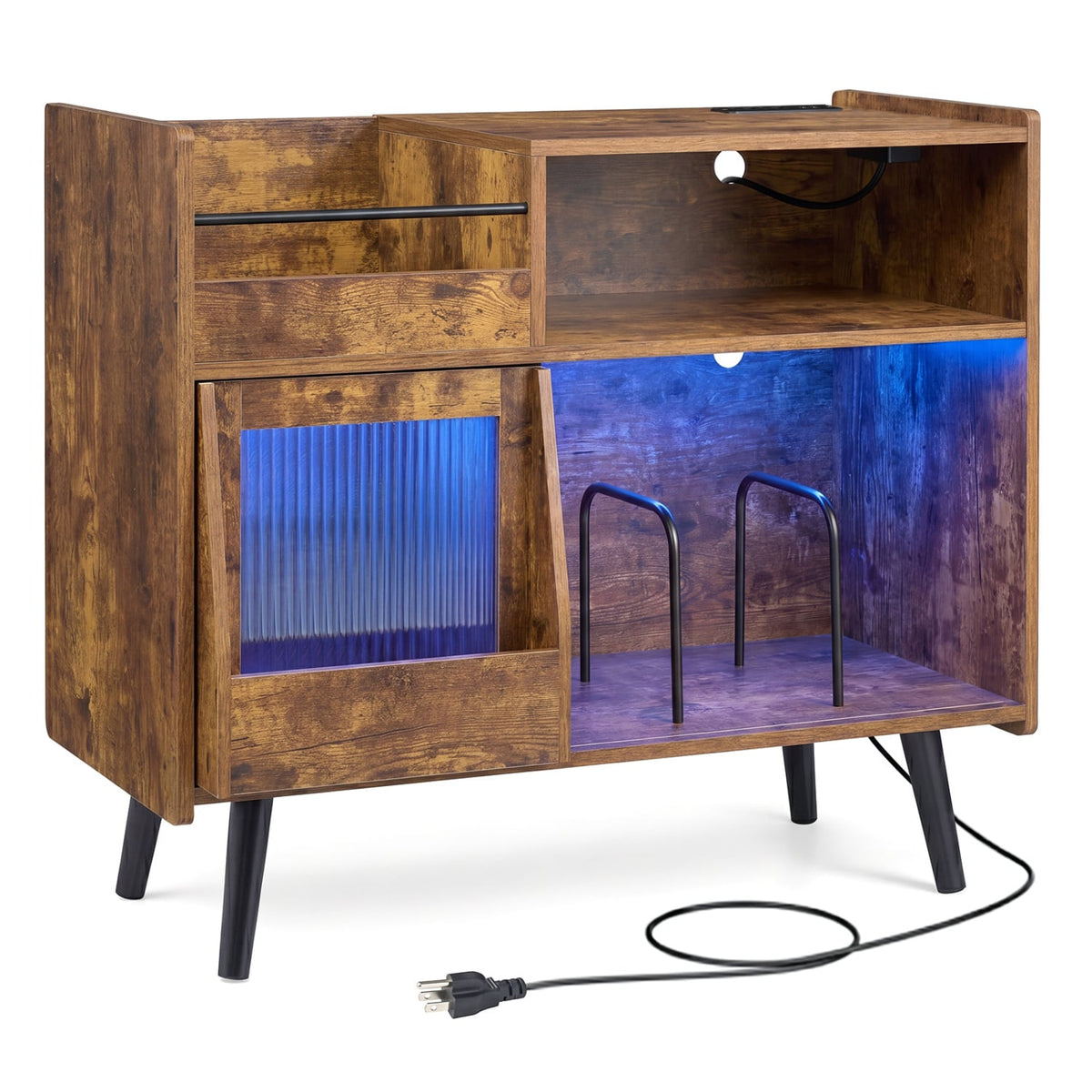 Record Player Stand with LED Light and Power Outlets-Rustic Brown