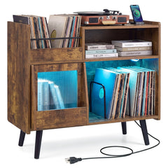 Record Player Stand with LED Light and Power Outlets-Rustic Brown