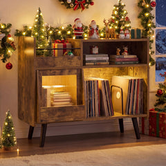 Record Player Stand with LED Light and Power Outlets-Rustic Brown