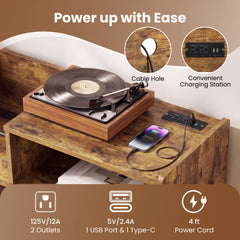 Record Player Stand with LED Light and Power Outlets-Rustic Brown