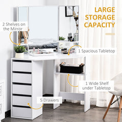 Corner Vanity Desk with Mirror, Makeup Vanity Table with 5 Drawers and Open Shelves, Dressing Table with 3-piece Mirror for Bedroom, Black