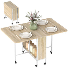 Folding Dining Table, Extendable Kitchen Table for Small Spaces with Storage Shelf and 6 Wheels, Distressed Grey