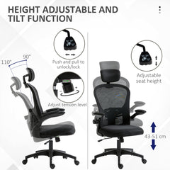 Office Chair, Mesh Computer Desk Chair with Adjustable Headrest, 4D Lumbar Support, Flip-up Arm, Grey